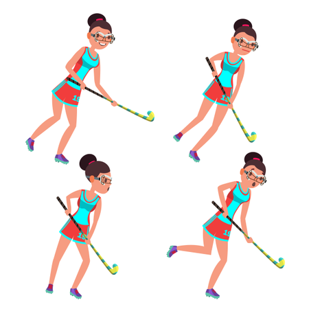 Vector de jugador de hockey sobre césped de mujer joven. Juego de hockey sobre hierba. Chica. Ilustración de dibujos animados plana  Ilustración
