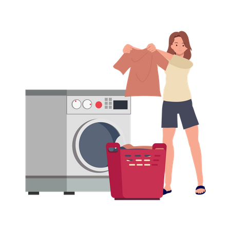 Mujer joven lavando ropa usando lavadora  Ilustración