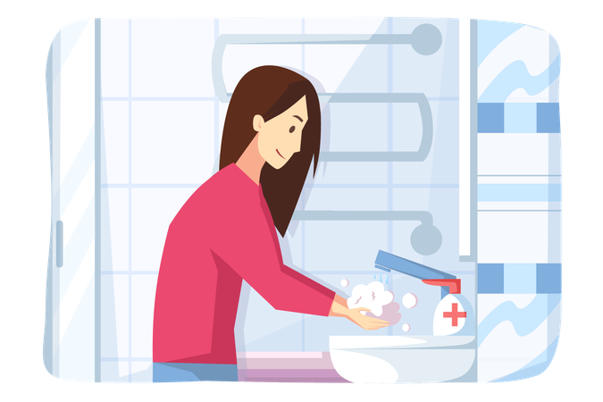 Mujer joven lavándose las manos con jabón y desinfectante de la infección por covid19  Ilustración