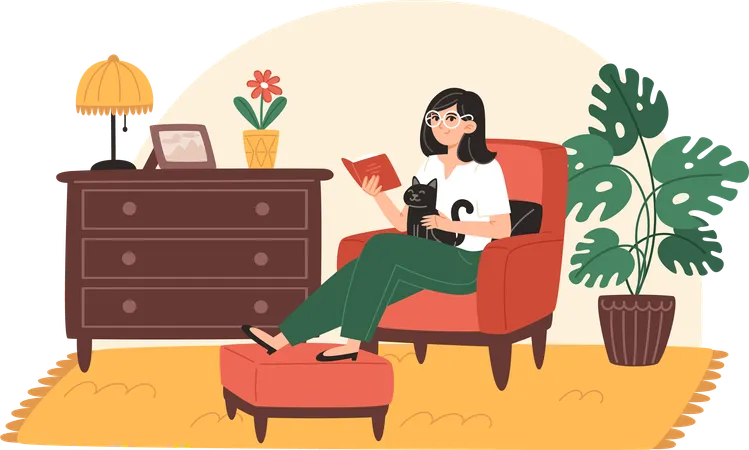 Mujer joven leyendo un libro en casa en una acogedora sala de estar en casa  Ilustración
