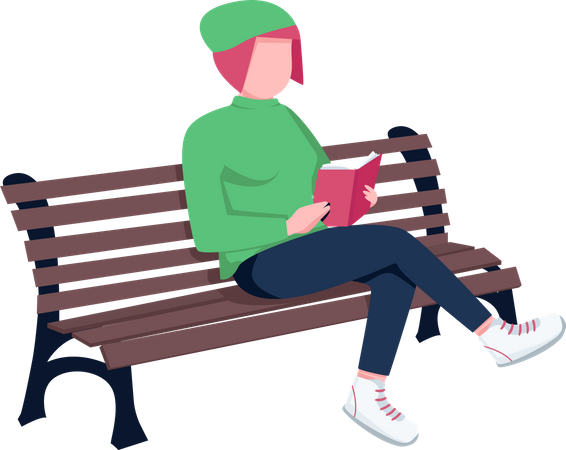 Mujer joven leyendo un libro en un banco  Ilustración