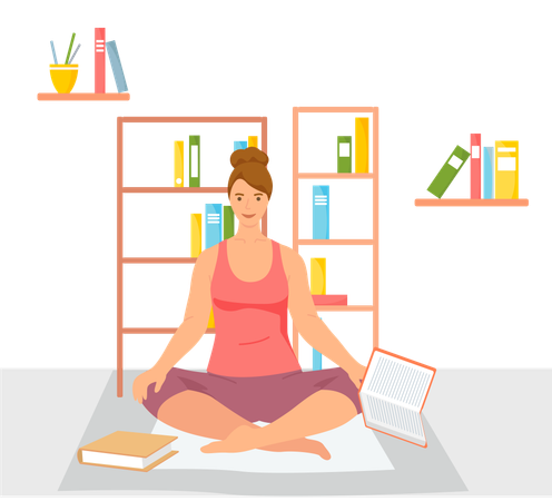 Mujer joven leyendo un libro sentada en posición de loto cerca de un montón de hojas de colores estudiando en casa  Ilustración