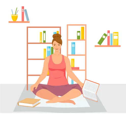 Mujer joven leyendo un libro sentada en posición de loto cerca de un montón de hojas de colores estudiando en casa  Ilustración
