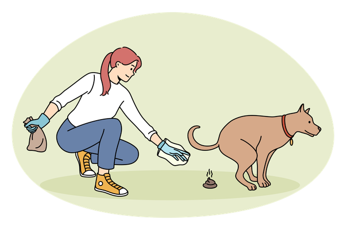 Mujer joven limpiando el suelo de los excrementos de su perro con guantes y bolsa, pensando en el medio ambiente  Ilustración