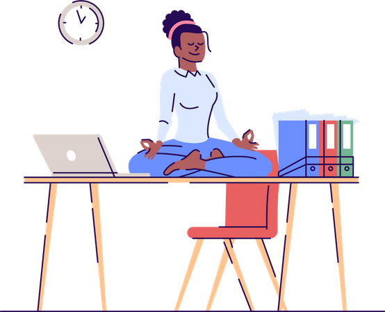 Mujer joven meditando en el lugar de trabajo  Ilustración