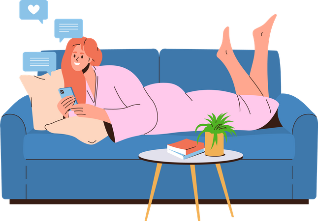 Mujer joven enviando mensajes de texto en el teléfono móvil mientras descansa tumbada en el sofá de casa  Ilustración