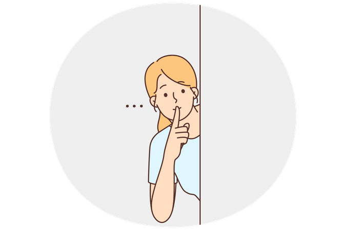 Una mujer joven mira detrás de la pared y muestra un gesto de silencio con la mano.  Ilustración