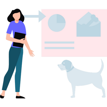 Mujer joven mirando el correo de comida para perros  Ilustración