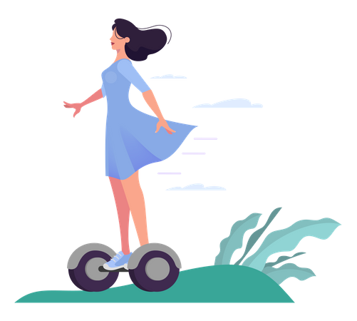 Mujer joven montando un Segway  Ilustración