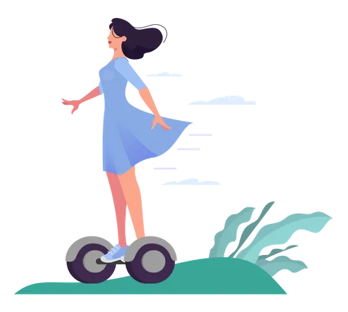 Mujer joven montando un Segway  Ilustración