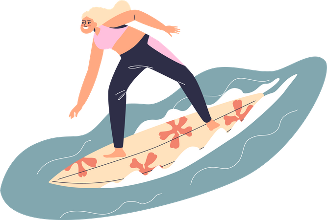 Mujer joven montando tabla de surf  Ilustración