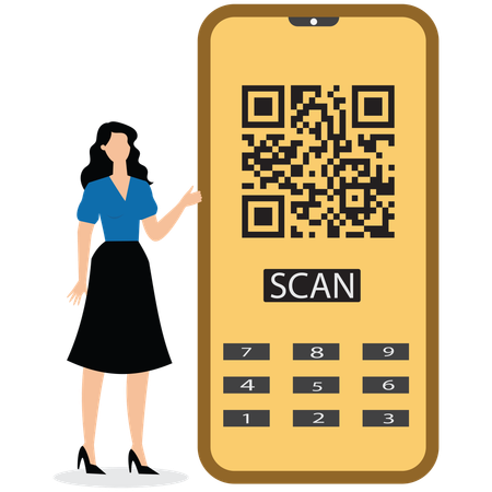 Mujer joven mostrando el escaneo de un código QR  Ilustración