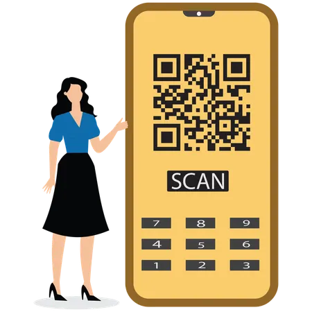 Mujer joven mostrando el escaneo de un código QR  Ilustración