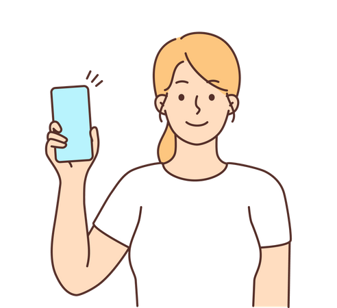 Mujer joven mostrando móvil  Ilustración