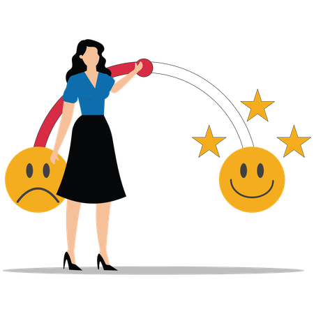 Mujer joven que muestra la opinión del cliente y la encuesta de satisfacción  Ilustración