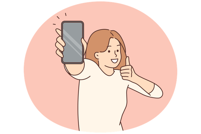 Mujer joven muy contenta mostrando una maqueta de la pantalla de su teléfono móvil con el pulgar hacia arriba  Illustration