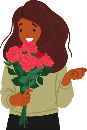 Mujer joven negra con ramo de rosas rojas  Ilustración