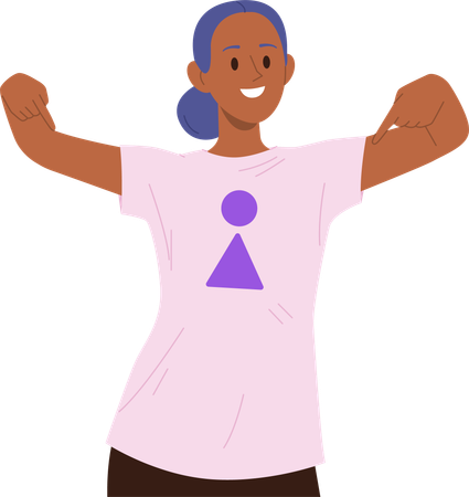 Mujer joven orgullosa señalando con el dedo el signo de género femenino en la camiseta  Ilustración