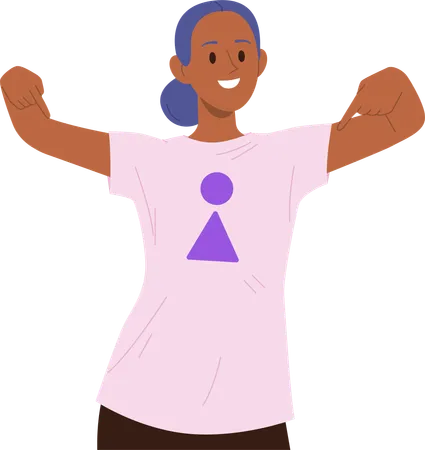 Mujer joven orgullosa señalando con el dedo el signo de género femenino en la camiseta  Ilustración