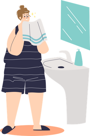 Mujer joven parada frente al espejo con una toalla después de limpiar la piel  Ilustración