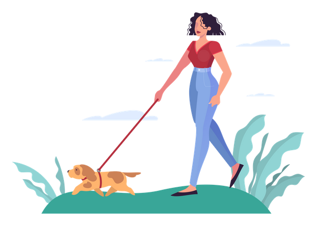 Mujer joven caminando con perro en el parque.  Ilustración