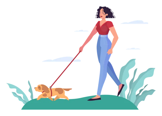 Mujer joven caminando con perro en el parque.  Ilustración