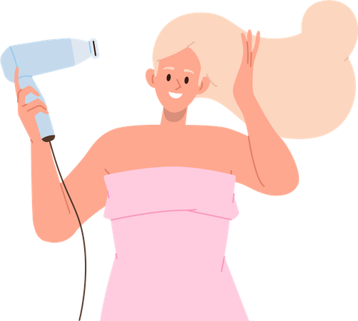 Mujer joven peinado secando el cabello mojado con secador  Ilustración