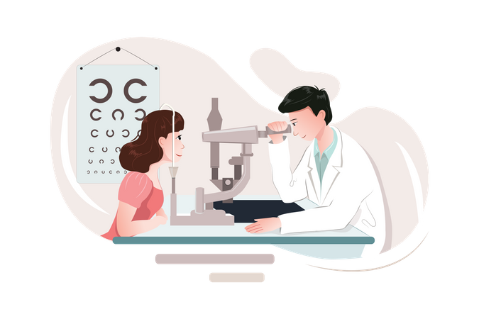 Mujer joven visitando a un médico optometrista para revisar sus ojos  Ilustración