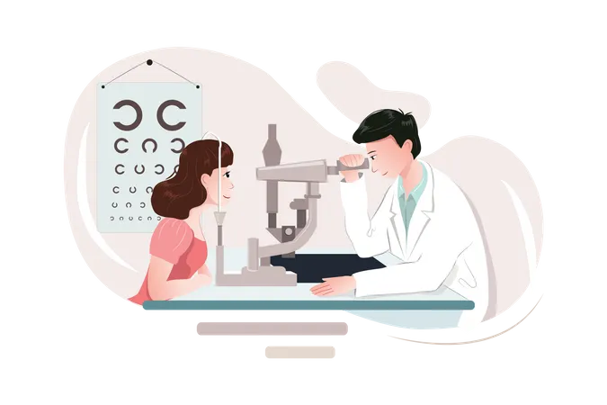 Mujer joven visitando a un médico optometrista para revisar sus ojos  Ilustración