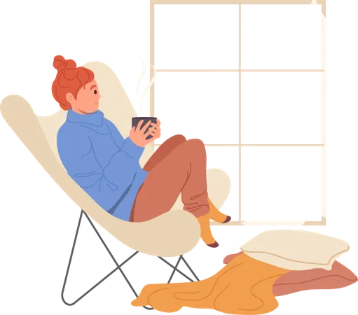 Mujer joven relajada bebiendo café caliente mientras está sentada en una silla en casa  Ilustración