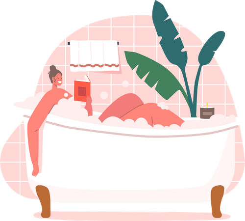 Mujer joven relajándose en la bañera con un libro en las manos  Ilustración