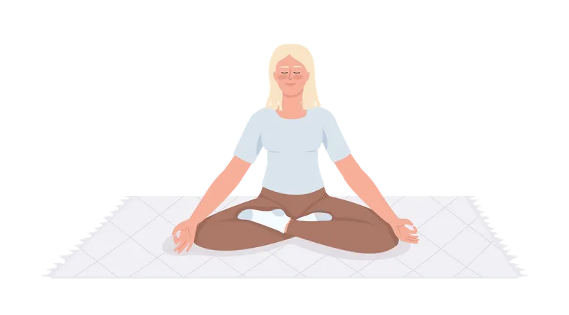 Mujer joven rubia meditando sobre la alfombra  Ilustración