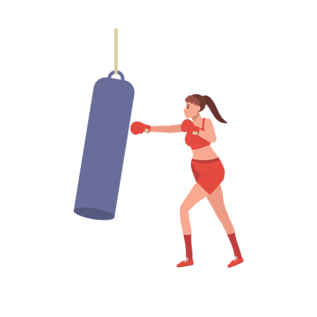 Mujer joven sana golpeando en bolsa de boxeo  Ilustración
