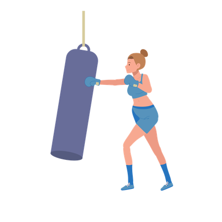 Mujer joven sana golpeando en una bolsa de boxeo. Deporte y ejercicio  Ilustración