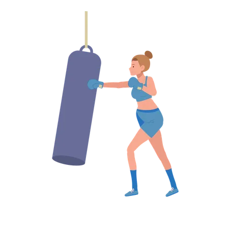 Mujer joven sana golpeando en una bolsa de boxeo. Deporte y ejercicio  Ilustración