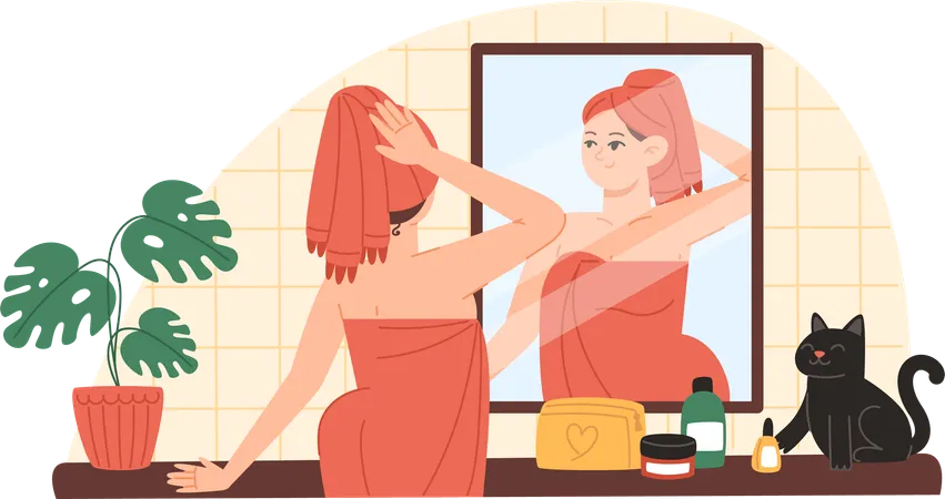 La joven se mira en el espejo del baño y se cuida  Ilustración