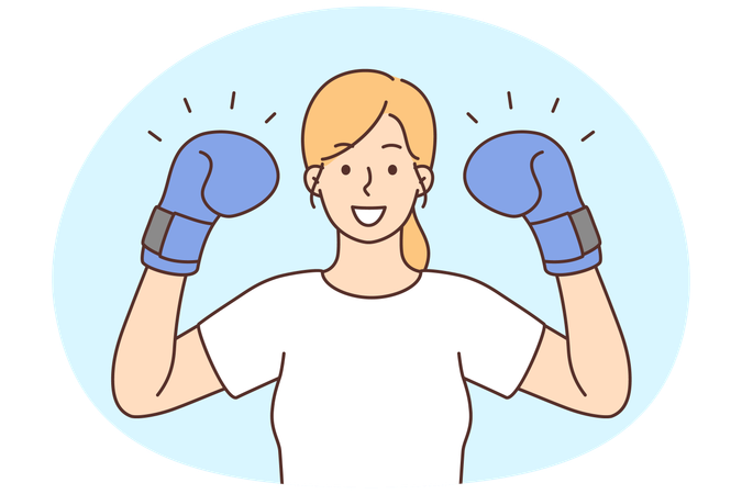 Sonriente y segura joven poderosa mujer con guantes de boxeador en las manos  Ilustración