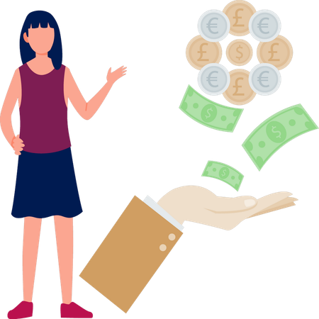 Mujer joven señalando dinero  Ilustración