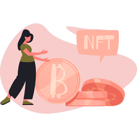 Mujer joven señalando moneda NFT  Ilustración