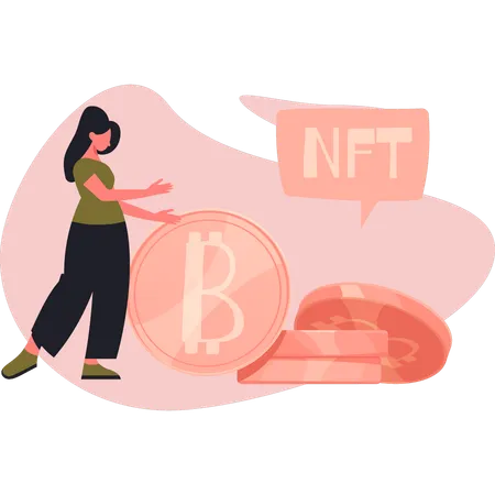 Mujer joven señalando moneda NFT  Ilustración