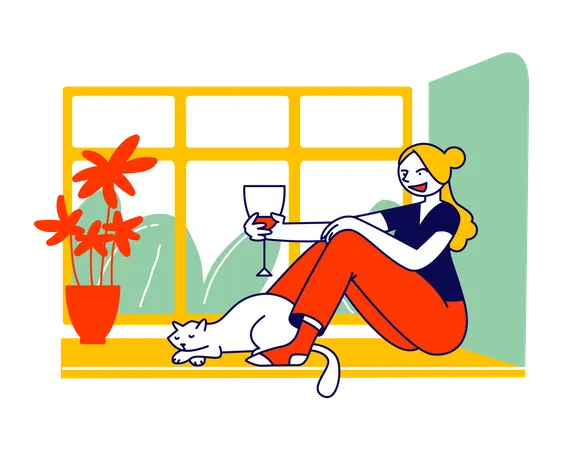 Mujer joven sentada en el alféizar de la ventana con un gato sosteniendo una copa de vino  Ilustración