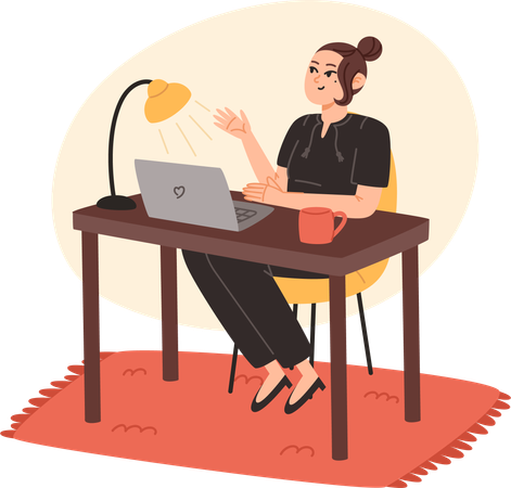 Mujer joven sentada en el escritorio y trabajando en una computadora portátil en casa  Ilustración