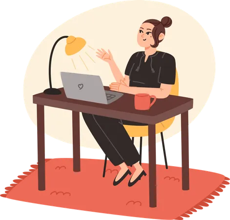 Mujer joven sentada en el escritorio y trabajando en una computadora portátil en casa  Ilustración