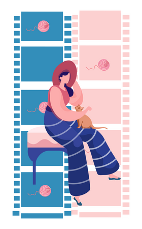 Mujer joven sentada en el sofá acariciando a su gato  Ilustración