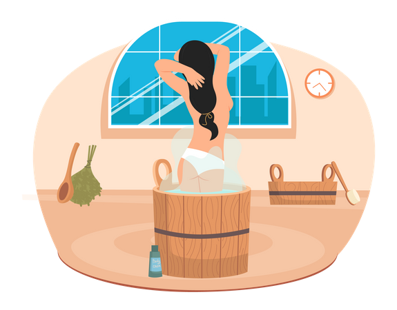 Mujer joven sentada en la bañera lavándose el cuerpo en la sauna  Ilustración