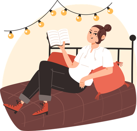 Mujer joven sentada en la cama y leyendo un libro en casa  Ilustración
