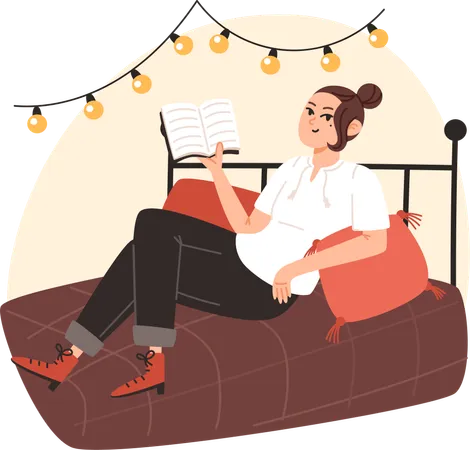 Mujer joven sentada en la cama y leyendo un libro en casa  Ilustración