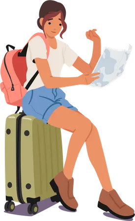 Mujer joven sentada en la maleta sosteniendo el mapa  Ilustración