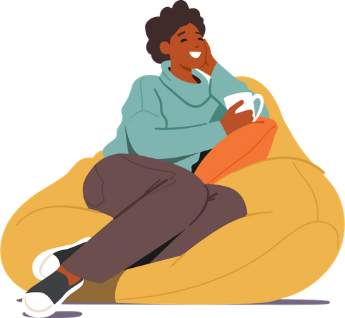 Mujer joven sentada en una bolsa de frijoles y tomando café  Ilustración