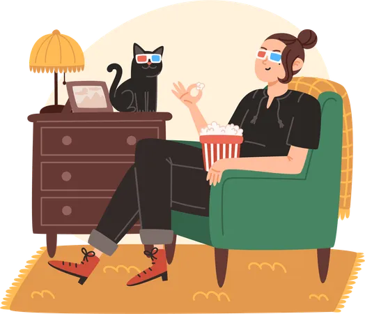 Mujer joven sentada en un cómodo sillón y viendo una película en casa  Ilustración